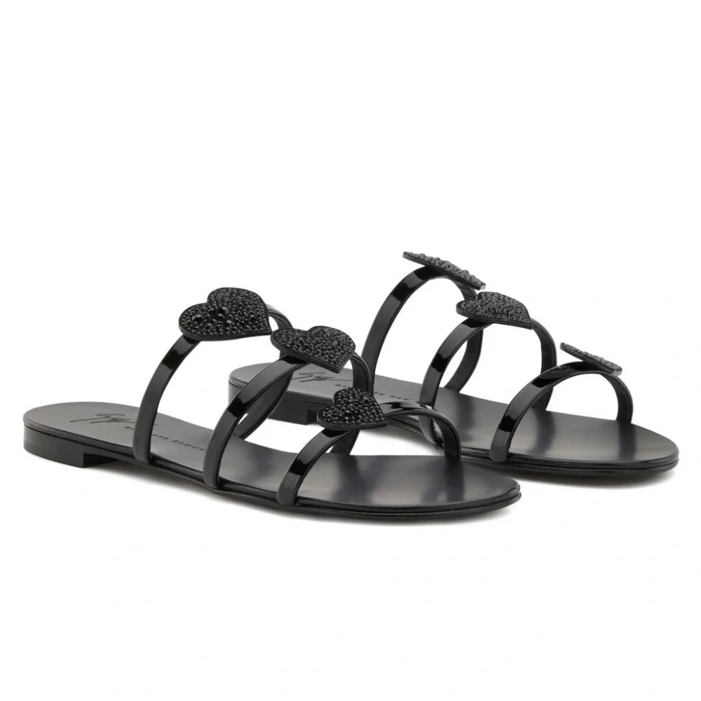 Giuseppe Zanotti Anya Swarovski Crystal Heart Slide Mule Flat Sandals Black 37.5